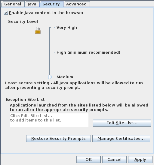 jcontrol security setting